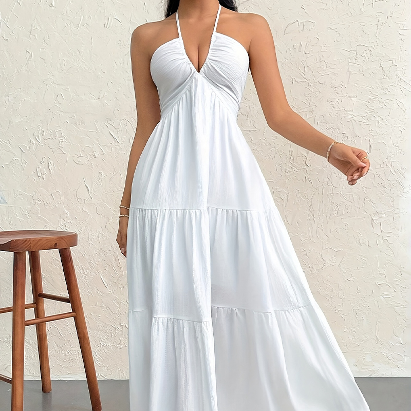 Women's French Summer Style Long-Dress - High-End Vacation Wear With V-Neck & Open Back Detailing