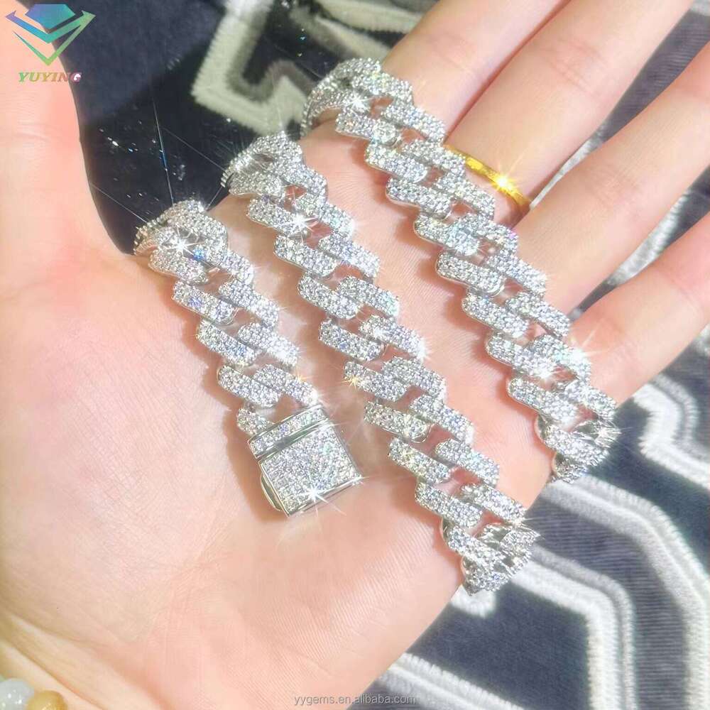 S Sterling With Iced Out 2Row 13Mm Vvs Dia Chain Cuban Link Moissanite Necklace Bracelet