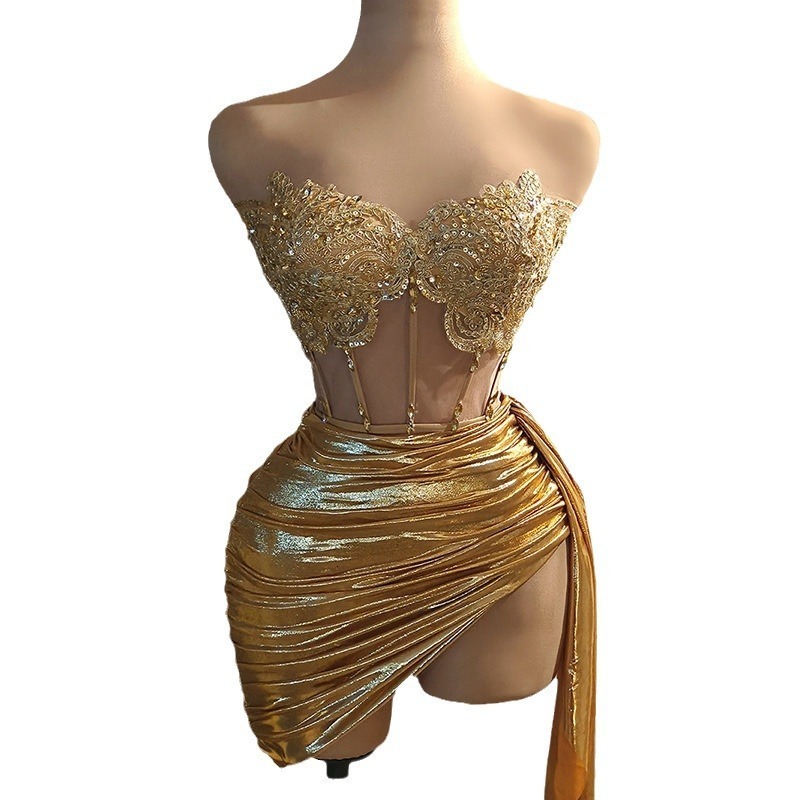 New High-End Fashion Sexy Strapless Rhinestone Chain Waist-Cinching Short Dress Set for Bar Nightclub Performance 231128