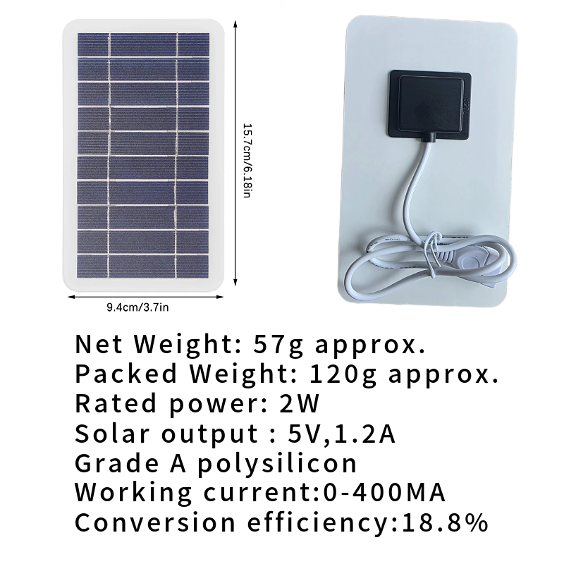 Solar Panel USB Charger 2W 5V Mini Portable Outdoor Battery Mobile Phone Charging Power Bank For Hiking Camping Hiking Outdoor Backpack Emergency Gene