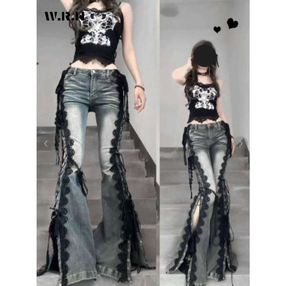 hoodie Wear Retro Eyelets Up Flare Jeans Lace Whiskers Slim Low Rise Split Bootcut Pants Women Bell Bottoms Streetwear jacket