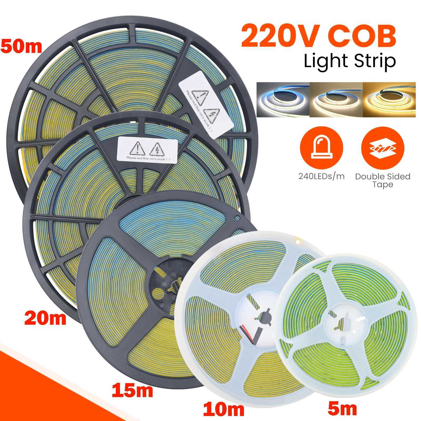220V 8mm PCB COB LED Strip Light 240LEDs/m Warm Natural White Ribbon Rope Light Adhesive Tape Linear Dimmable 5m 10m 15m 20m 50m W250701