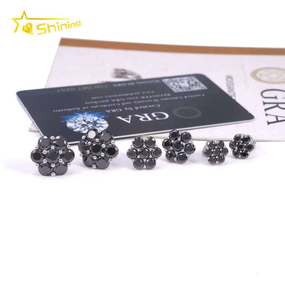 Premium Jewelry Black Dia Hip-Hop Iced Out Sterling Sier Flower Pyroxene Earrings