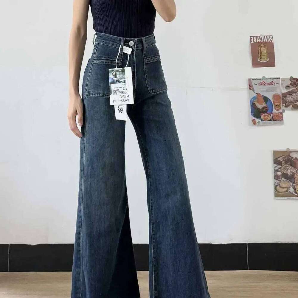 hoodie Wear Women's Autumn New Fashion Retro Micro-Flared Jeans, Solid Color High-Waisted Straight Wide Leg Pants, Loose Floor-Length Jeans jacke