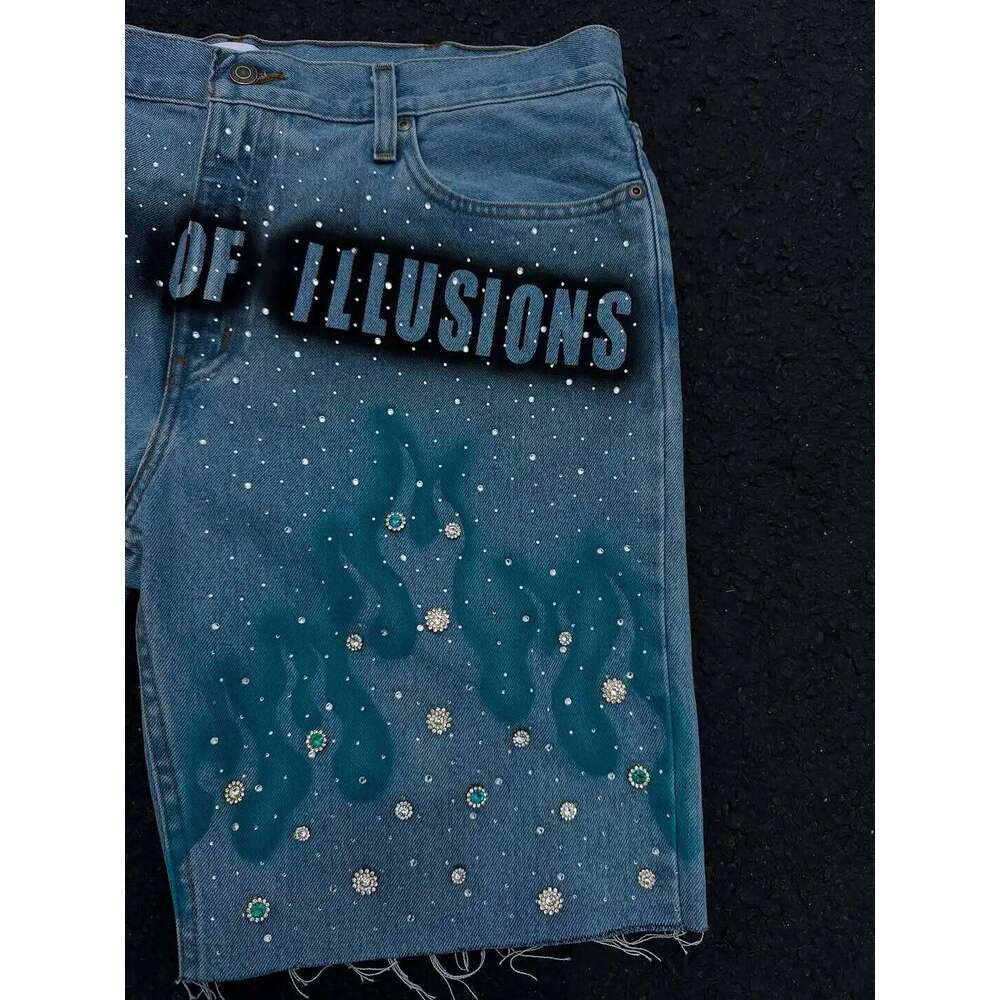 American Fashion Haruku Blue Flame Rhinestone Short Men's Loose Casual Summer Wide Legs Street Couple Full of Star Jeans