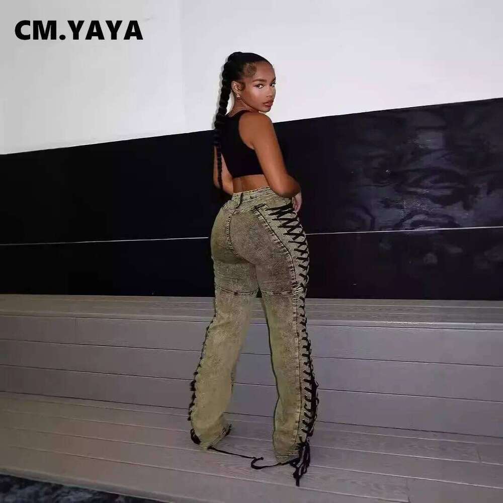 hoodie Wear Cm.Yaya Women Streetwear Cutout Side Lace Up Cargo Pencil Denim Wide Leg Jeans Pants Fall Casual Fashion Holiday Trousers jacket