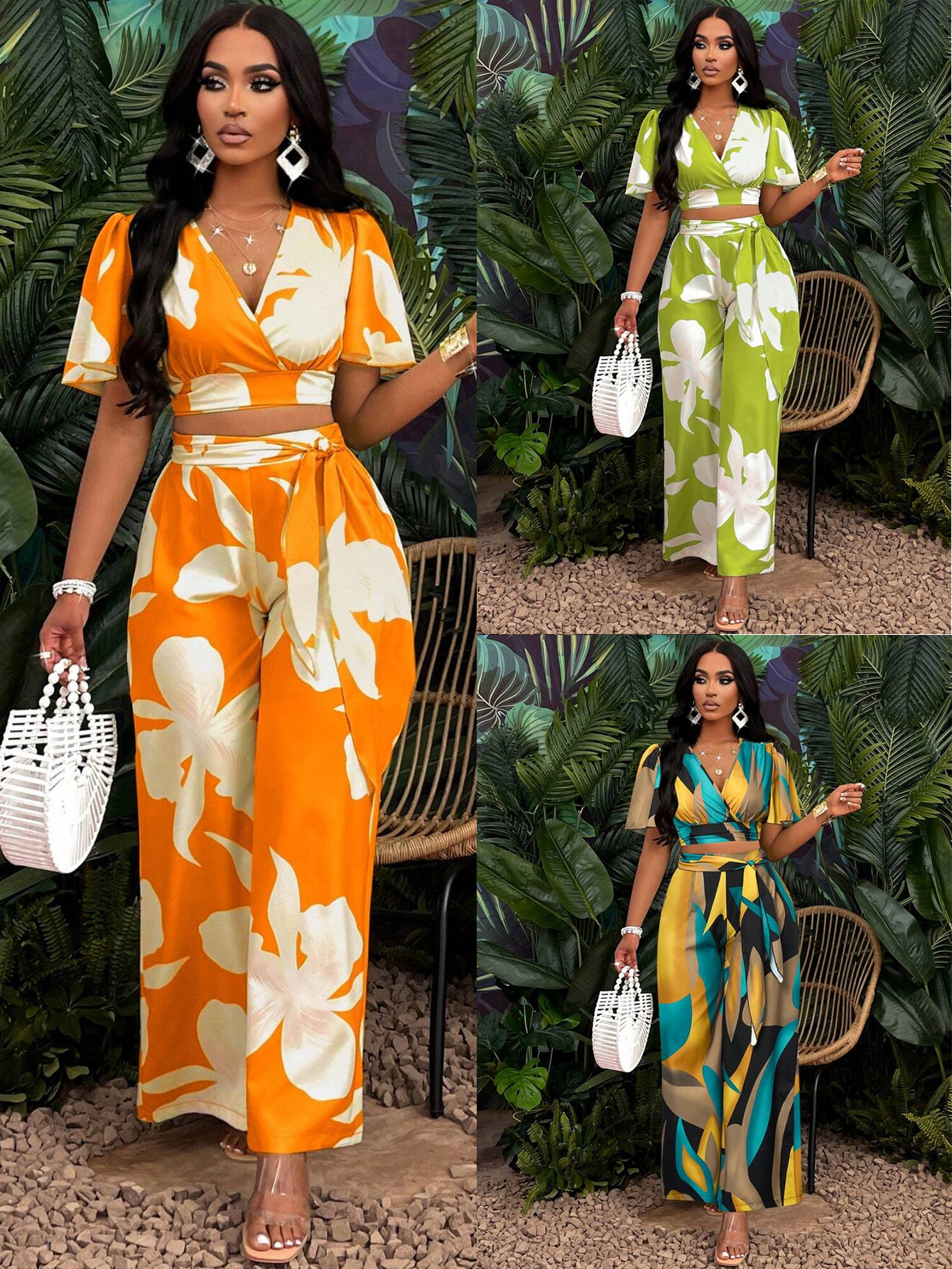 Designer women fashionable floral-patterned printed blouse with butterfly sleeves and wide-leg trousers set women casual beginning minimalist outfit