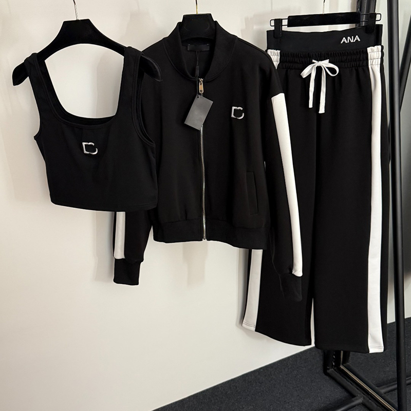 Designer 3 Piece Tracksuits Women Latest Jackets Pants Sling Camisoles Leggings Set Street Style Personality Outfits