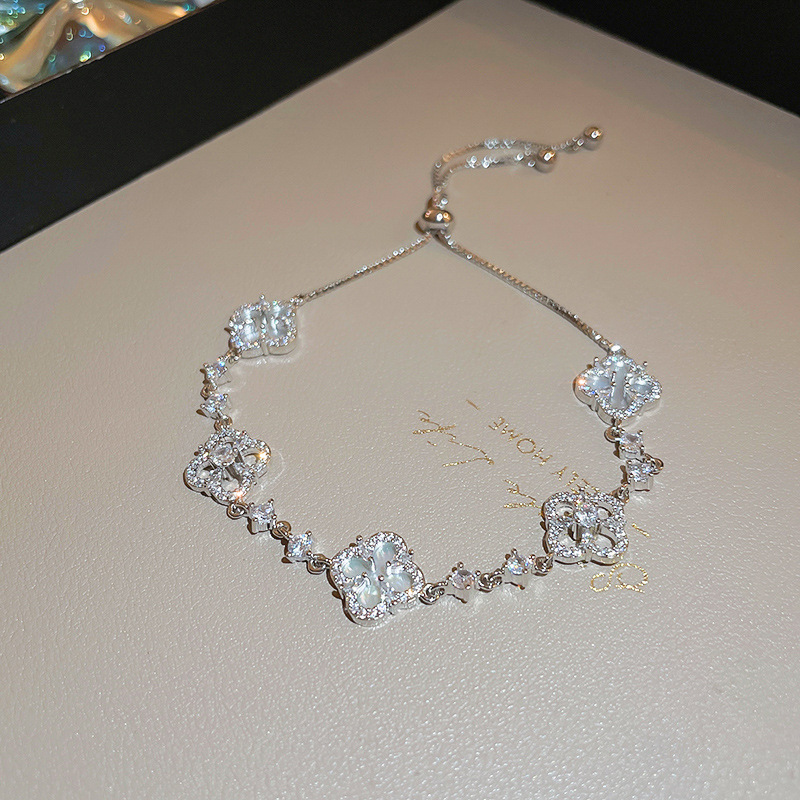 Gold - Toned Clover Bracelet, White Shell & CZ Sparkle, Adjustable Slider, French - Chic Vibe, Delicate Jewelry Accessory