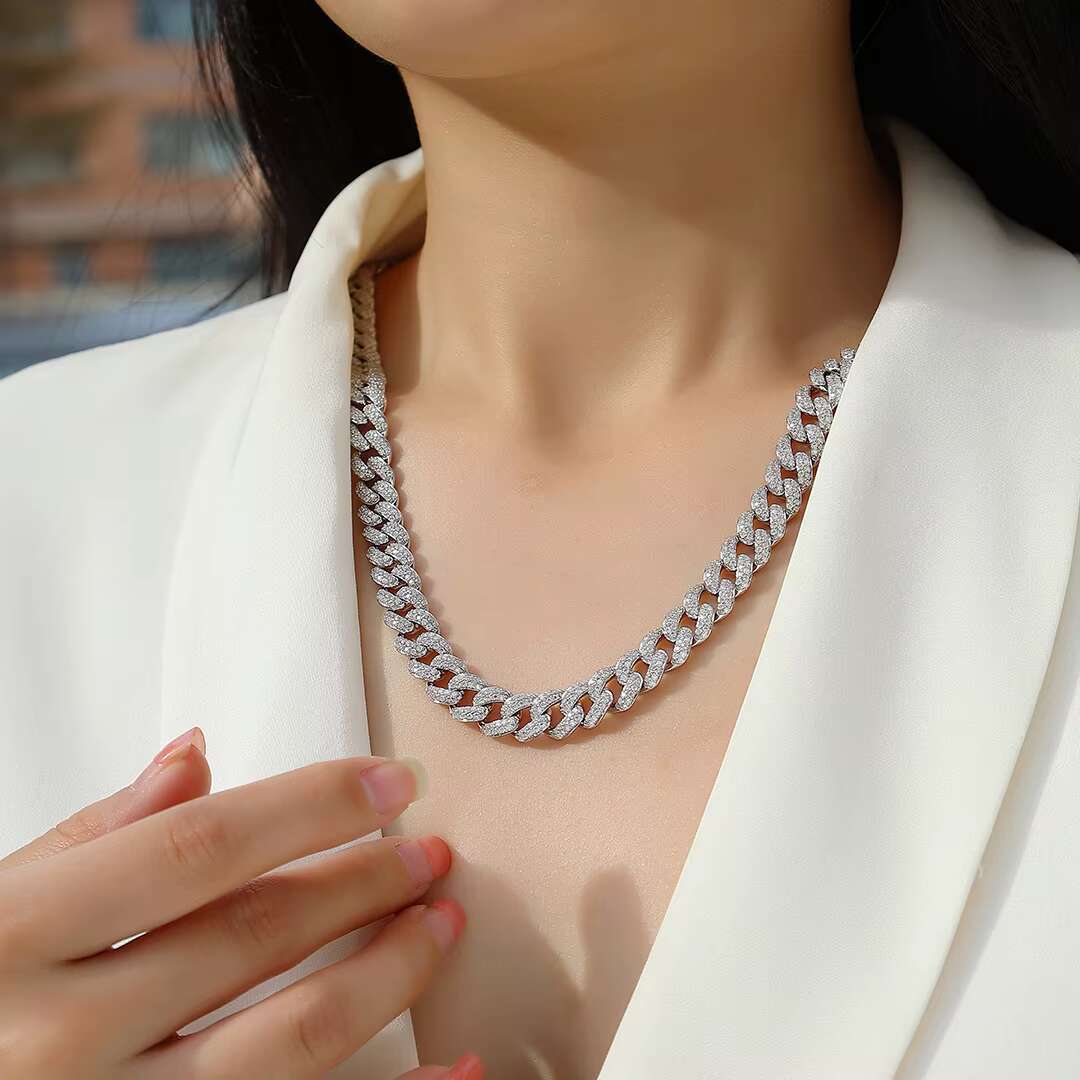 10mm Full Moissanite Cuban Link Necklace - GRA Certified Jewelry Wholesale - Classic Round Cut