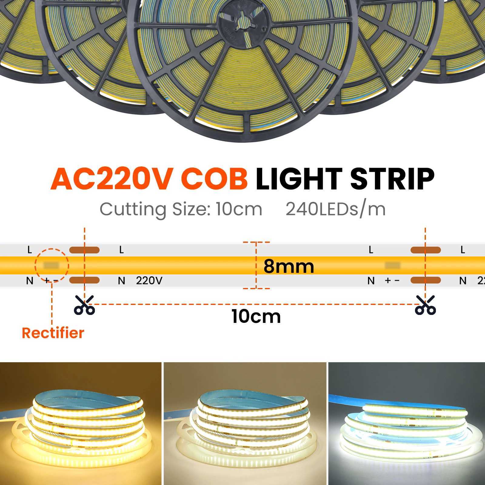 220V 8mm PCB COB LED Strip Light 240LEDs/m Warm Natural White Ribbon Rope Light Adhesive Tape Linear Dimmable 5m 10m 15m 20m 50m W250701