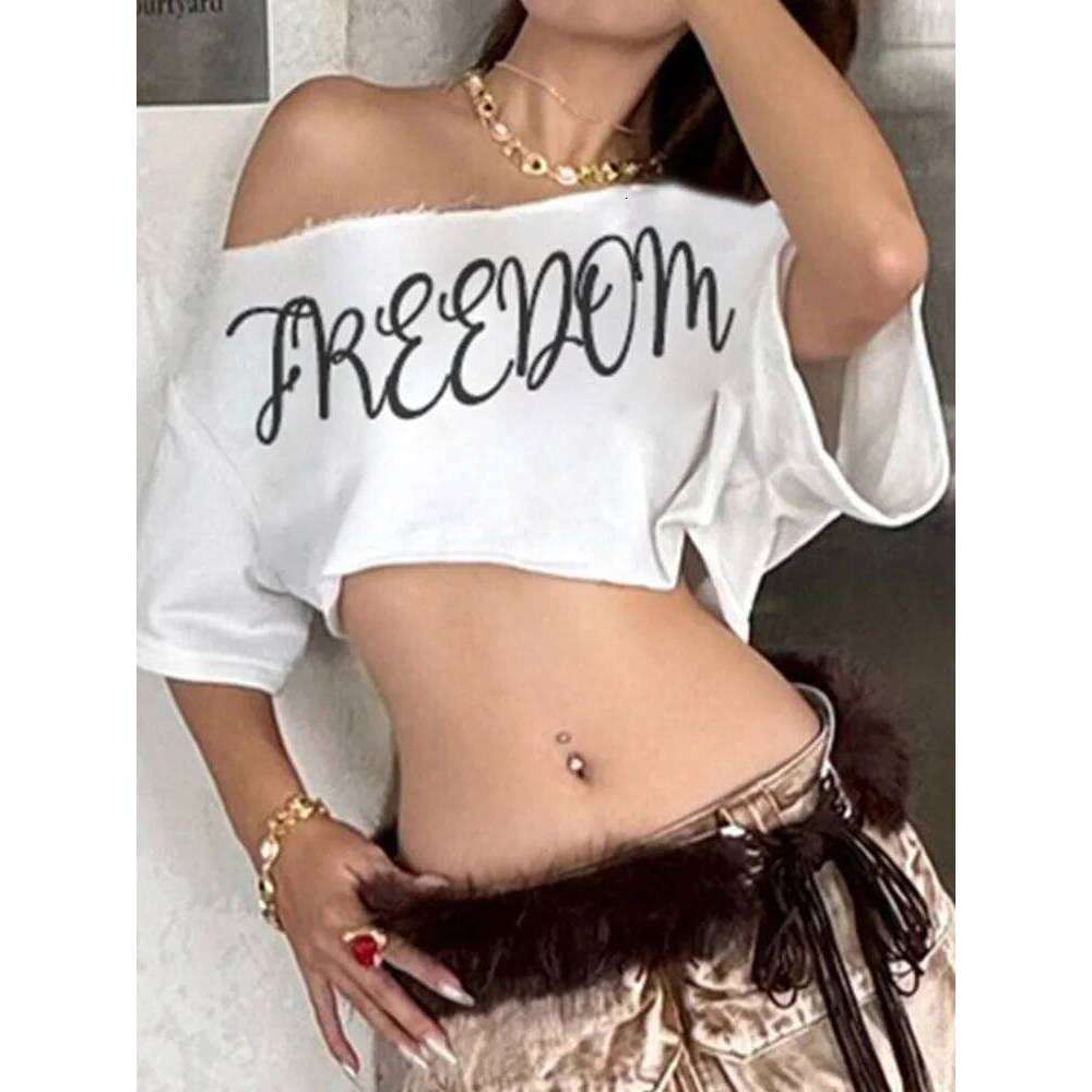 hoodie Wear Loose Letter Print Mini T-Shirt Women Summer Trend Biased Collar Versatile Street Skinny Simple Classic Party Daily Tops jacket