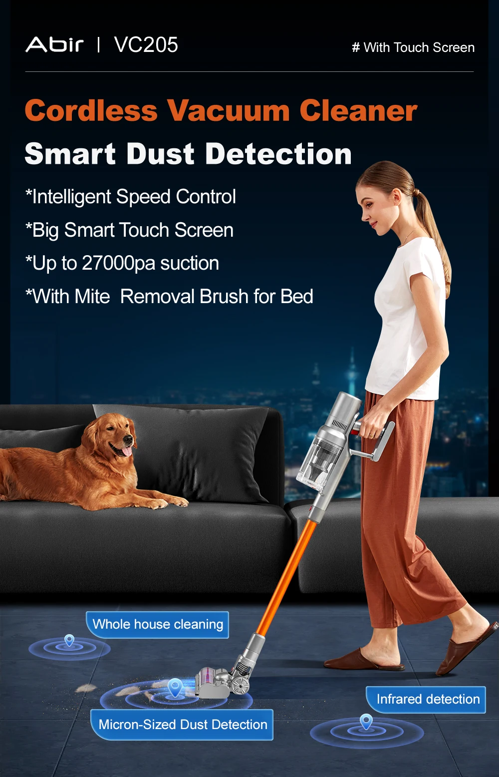 ABIR VC205 Cordless Handheld Vacuum Cleaner,27KPA High Suction Power,Touch Screen,Smart Dust Sensor,Auto Speed Control for Home Bed Carpet Cleaning