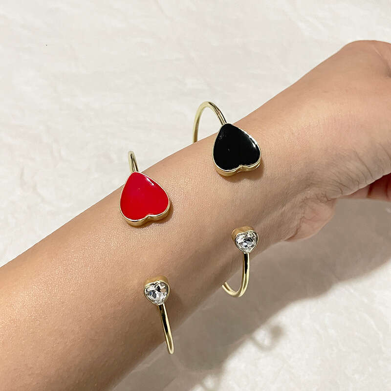 DHCollections Adjustable Heart Bracelet - Trendy Korean-Style Cuff Bangle with Crystal Accents for Women (Red/Black, 8.4g Lightweight)