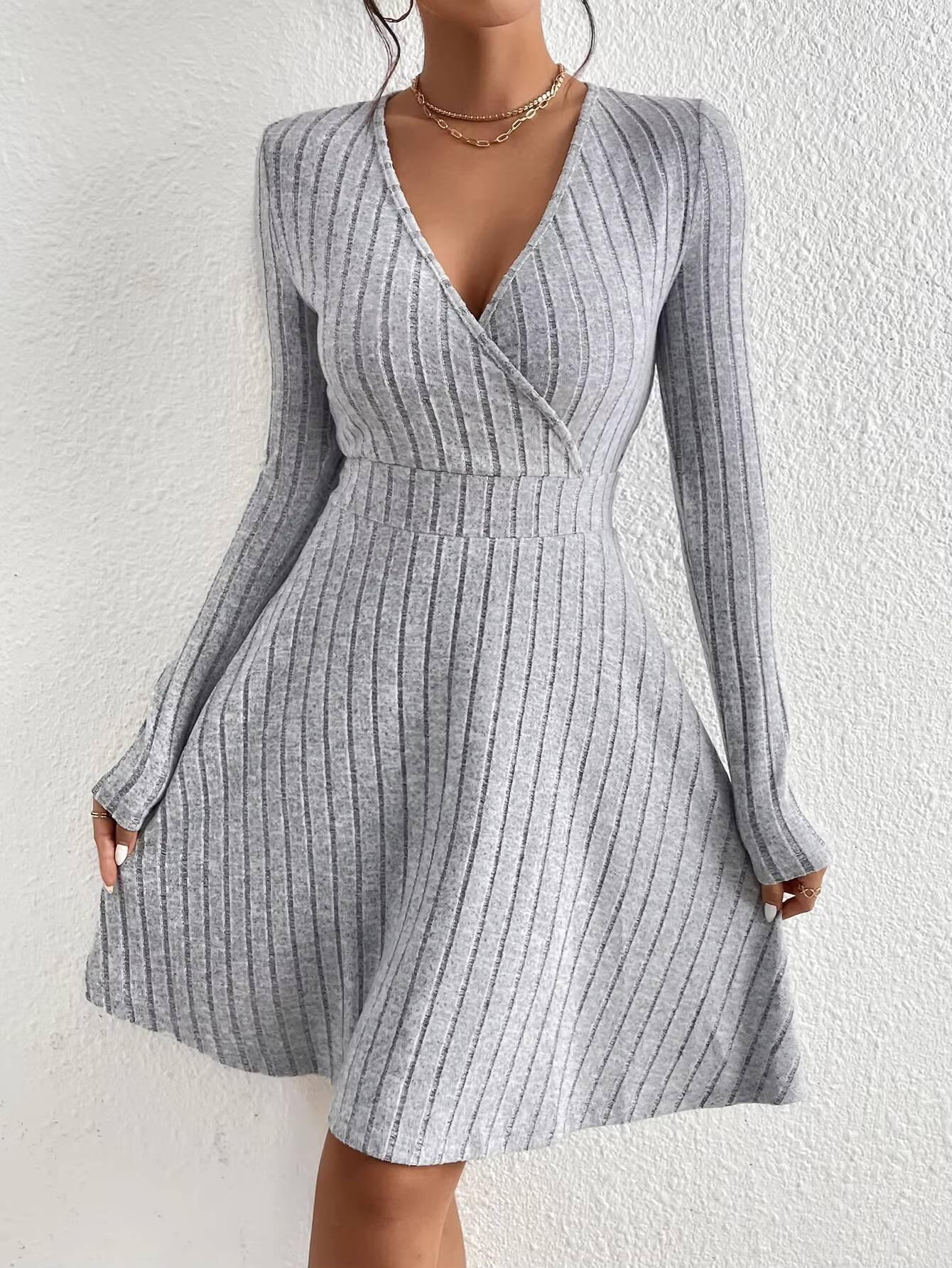 New for autumn/Winter 2024 Women Knit Slim Sexy Bodycon V-Neck Long Sleeve Solid Casual Midi Sweater Dress ddmysept ddmysept ddmysept