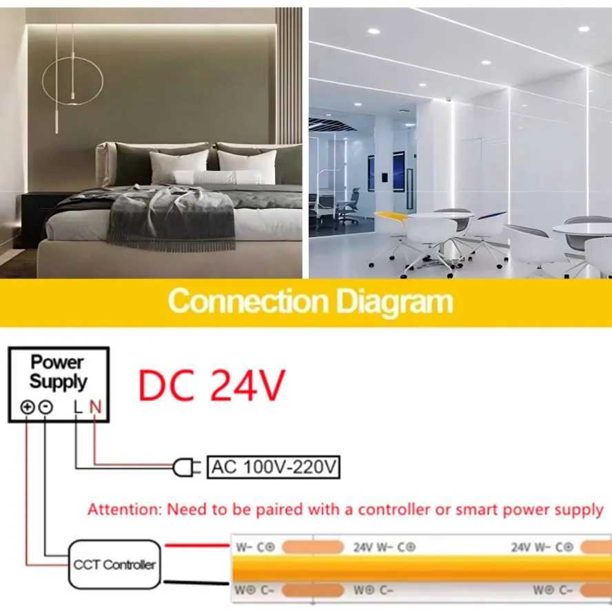 Tri Color Dimming 10m 24V COB LED Strip Light 480 LEDs/m 8mm Width High Density Flexible RA95 Light Strip for TV Wall Decoration W250701