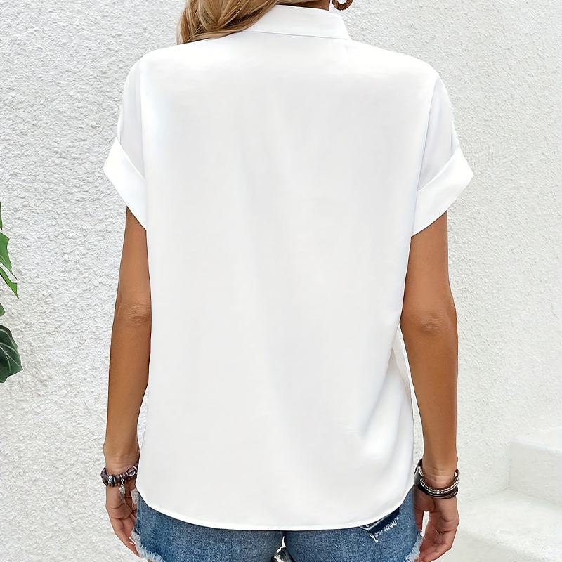 Elegant Womens V-Neck T-Shirt with Short Sleeves Pure White Cotton Blend Fabric