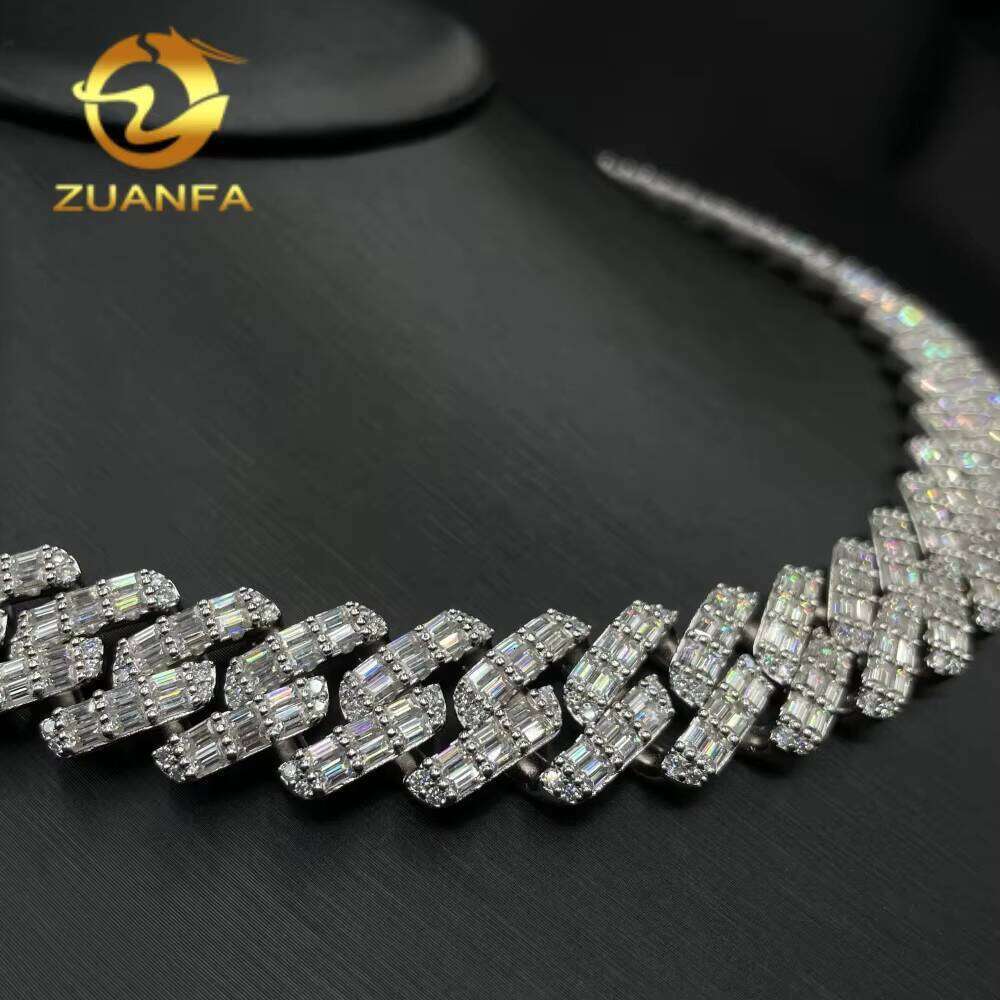 GRA Certified Mens Jewelry Necklace Fang Set Pure Sier 15Mm Baguette VVS Moissanite Iced Cuban Chain