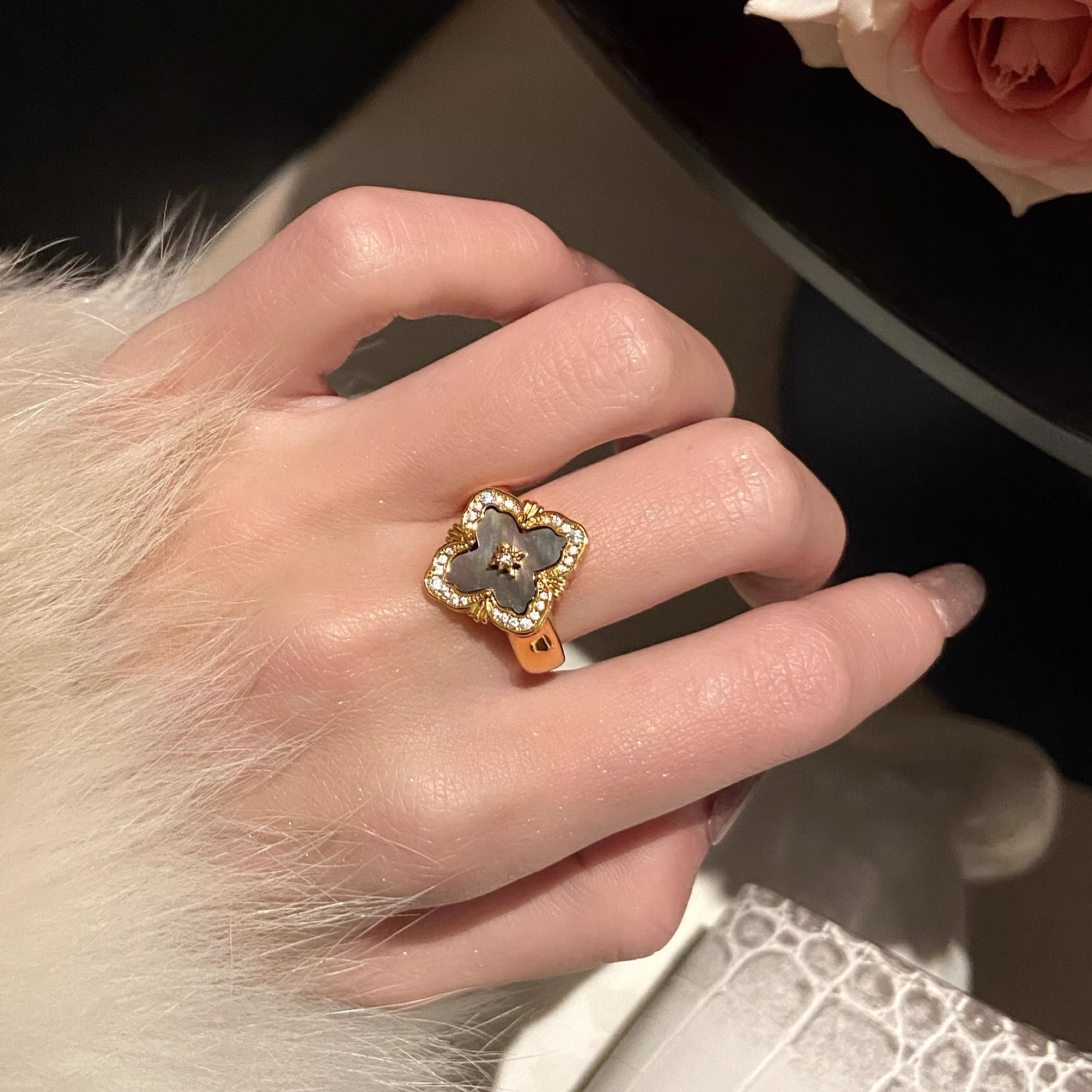 Gold - Tone Ring With Mother - Of - Pearl And Rhinestone Accents, Elegant Party Jewelry And Gift For Her, High - Quality Stylish Jewelry