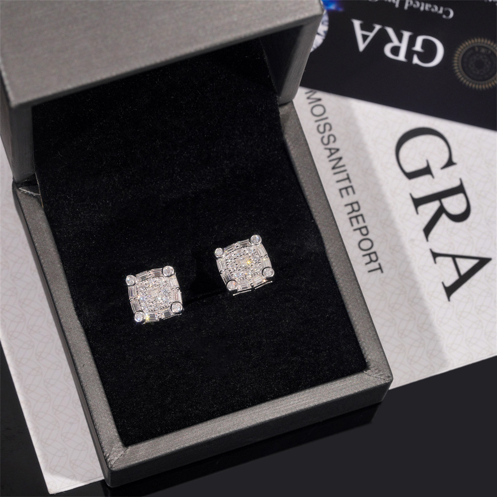 Hip Hop Jewelry Rapper Iced Out Screw Back 925 Sterling Silver Men Moissanite Stud Earrings