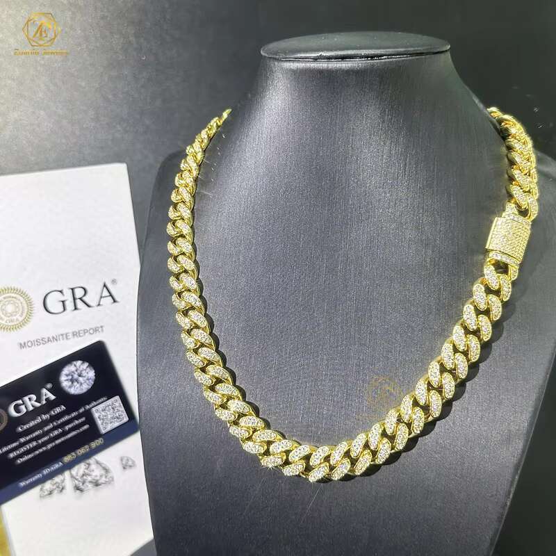 Hip Hop Jewelry Customization Cuban De 10mm 10k 14k 18k Gold Mossinate Diamond Cuban Chain 2 Row Stone Miami Cuban Link Chain