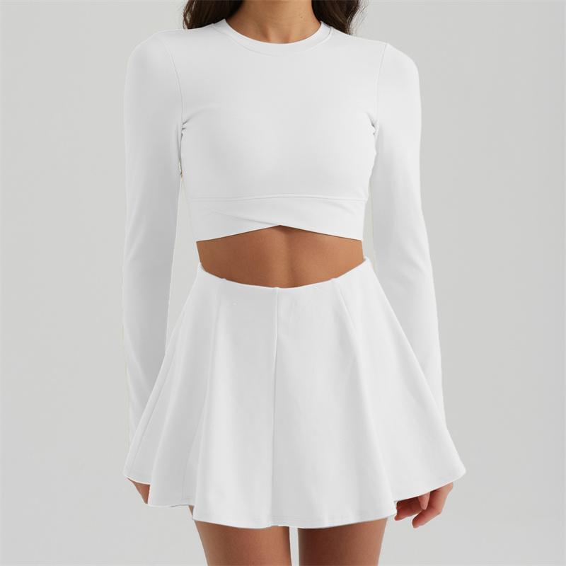 702KK Womens Yoga Skirt Sets Outfit Yoga Sets Two Piece Long Sleeve Tennis Sport Skirt Elastic High Waist Sportwear Lined Breathable BFT1038+BFS3043