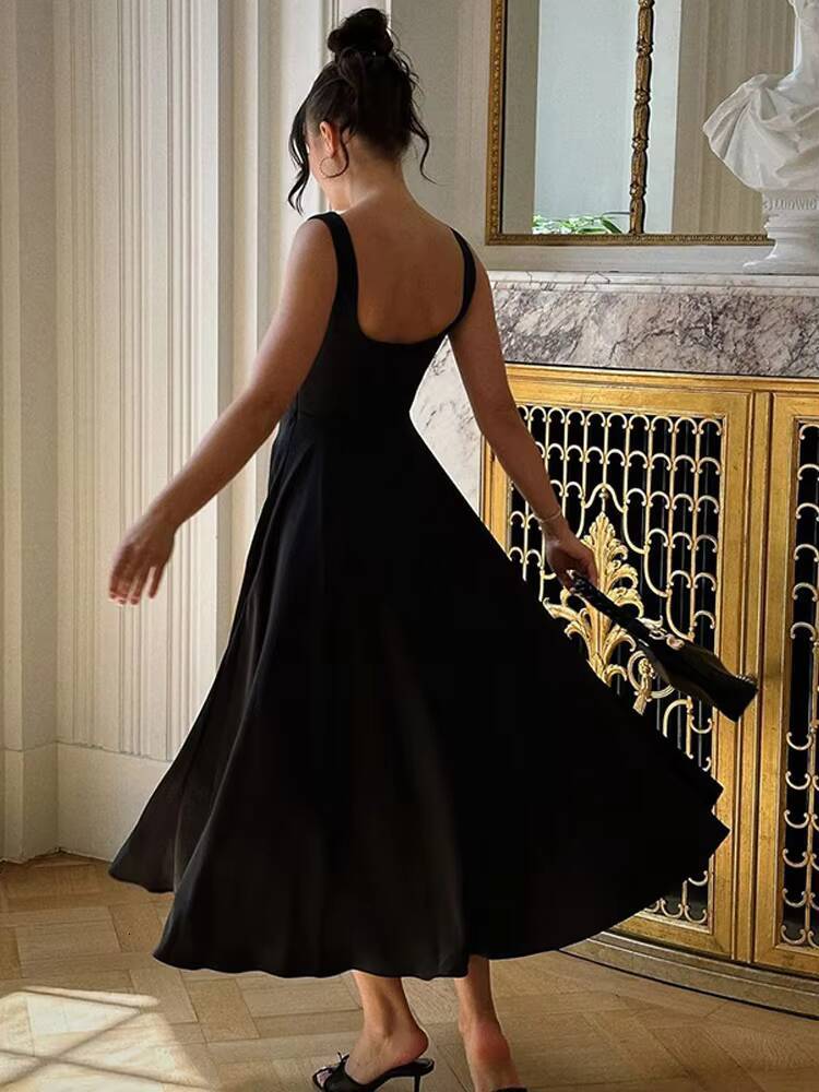 Black A-line Womens Long Dress Elegant Square Neck Pleated Sleeveless Sling Maxi Dresses 2025 Summer Lady Vacation Party Robes ddmysept ddmysept ddmys