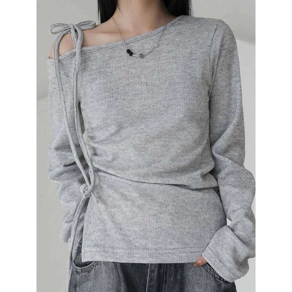 hoodie Wear Skew Collar Tie-Up Off Shoulder T-Shirt For Women Long Sleeve Drawstring Slim Fit Top Solid Korean Fall Casual T Shirts jacket
