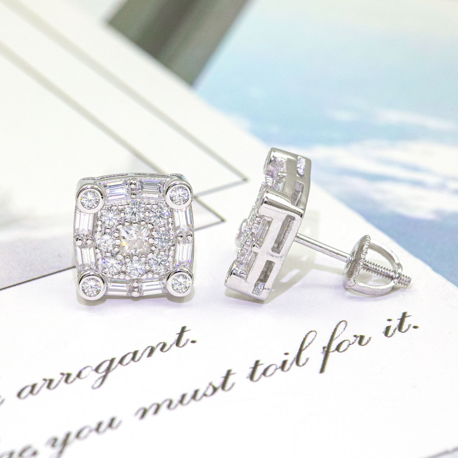 Hip Hop Jewelry Rapper Iced Out Screw Back 925 Sterling Silver Men Moissanite Stud Earrings