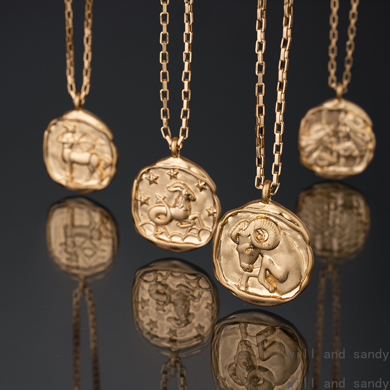18k Gold Plated Zodiac Sign Coin Pendant Necklace Non Tarnish Emboss Animal Stainless Steel Necklaces for Women Fashion Jewelry Birthday Gift