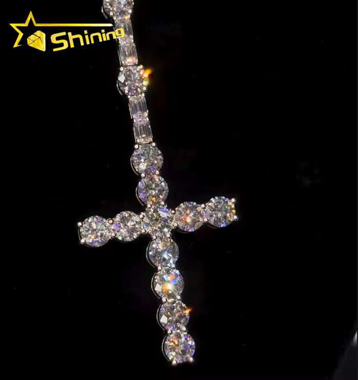 Trendy New Arrivals Iced Out 925 Tennis Chain Pendant Set Custom Made Manufacturer VVS Moissanite Diamond Cross Pendant Necklace