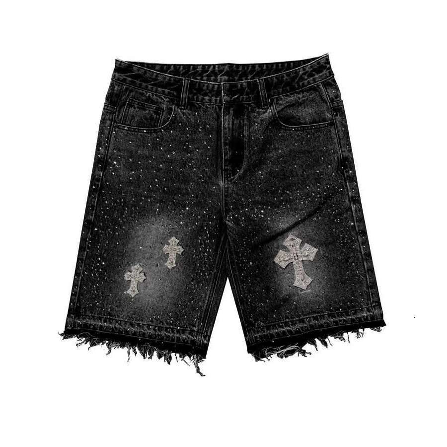Rhinestone Irregular Denim Shorts Harajuku Hip Hop Street Style Unisex Black Loose Straight Leg Jeans
