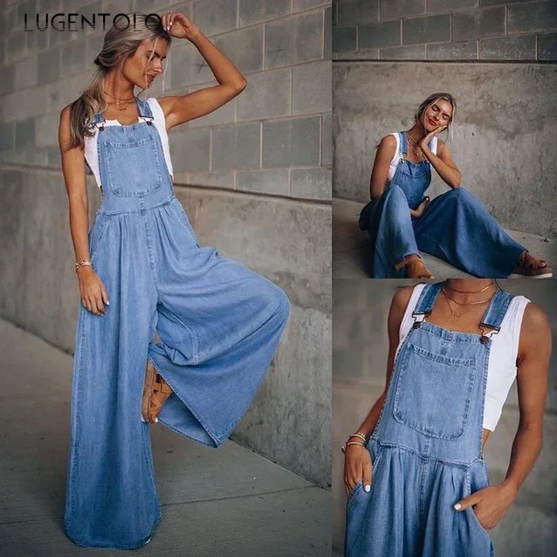 Women Denim Overalls Loose Jumpsuits Wideleg Summer Female Pocket High Waist Street Fashion Hole Casual Suspenders 250625