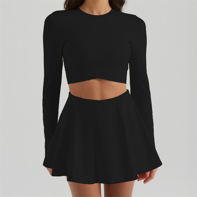 702KK Womens Yoga Skirt Sets Outfit Yoga Sets Two Piece Long Sleeve Tennis Sport Skirt Elastic High Waist Sportwear Lined Breathable BFT1038+BFS3043