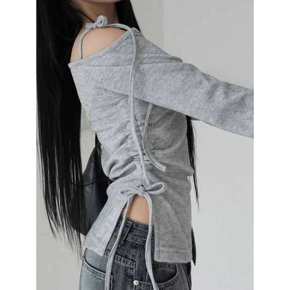 hoodie Wear Skew Collar Tie-Up Off Shoulder T-Shirt For Women Long Sleeve Drawstring Slim Fit Top Solid Korean Fall Casual T Shirts jacket