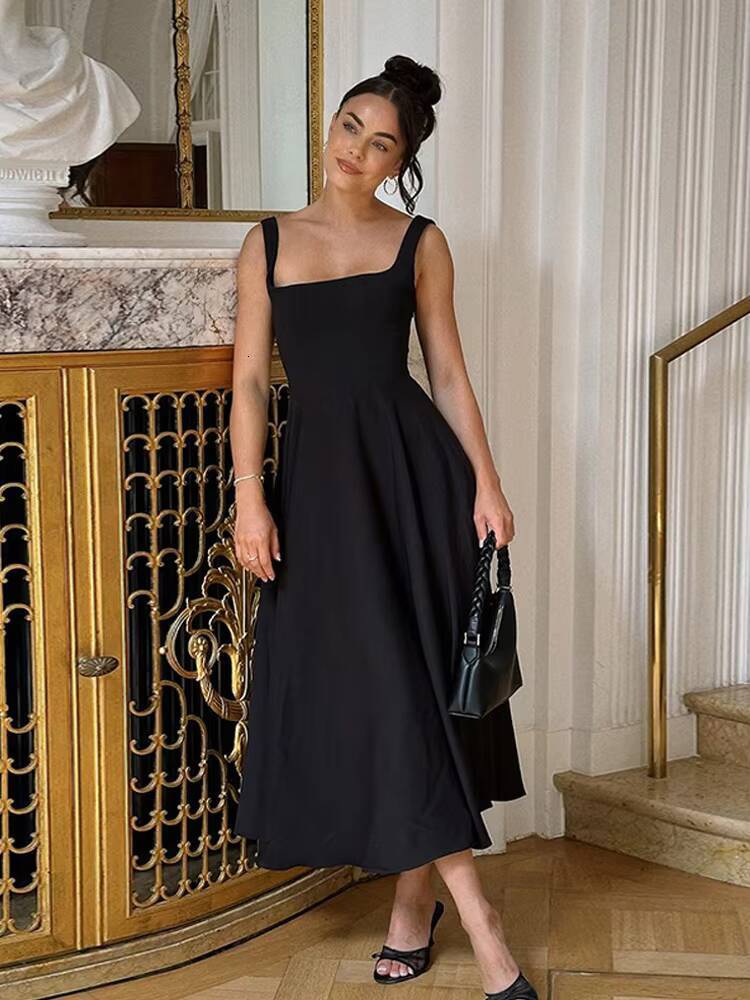 Black A-line Womens Long Dress Elegant Square Neck Pleated Sleeveless Sling Maxi Dresses 2025 Summer Lady Vacation Party Robes ddmysept ddmysept ddmys