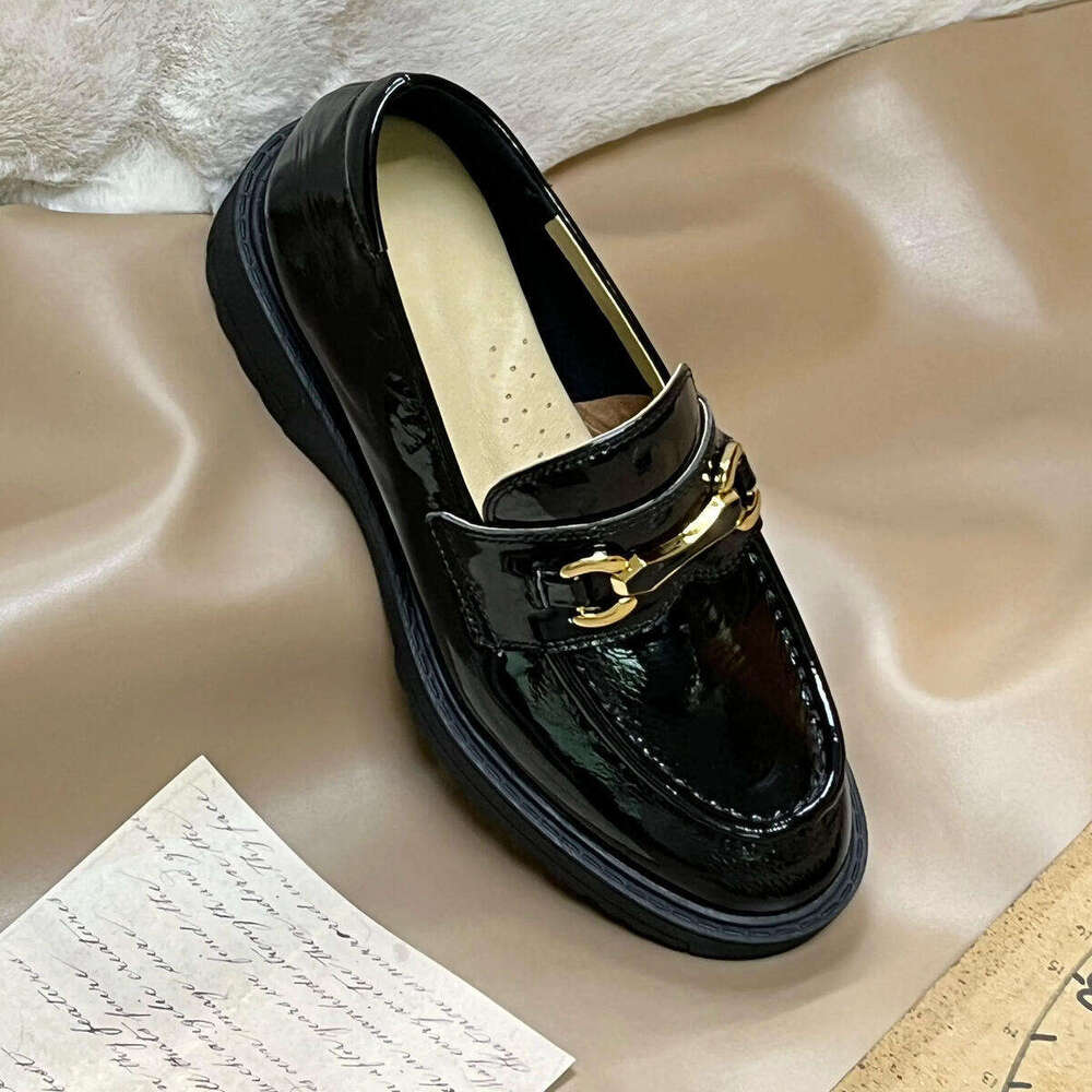 Stylish Platform Patent Leather Loafers - Classic Black with Metal Buckle Decorative Comfortable Casual Shoes Okimoz