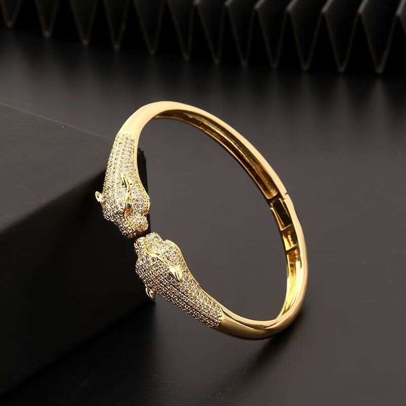 DHCollections Leopard Print Open Cuff Bracelet - 18K Gold Plated Hip Hop Bangle with Zircon Stones | Animal Jewelry for Women & Men