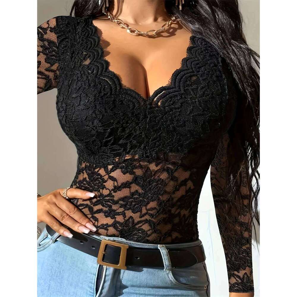 hoodie Wear Sexy Lace V Neck Tops Women Long Sleeve Solid Hollow Out Perspective Spicy Girl Shirts Spring Summer Chic Y2k Clothes Party Wear jacket