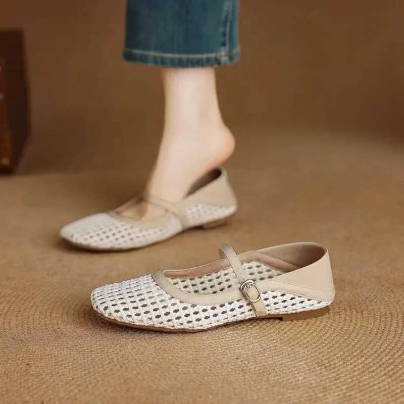Woven Cutout Flat Single Shoes Womens Summer New Square Toe Shallow Mouth One Strap Soft Sole Mary Jane Sandals M250702