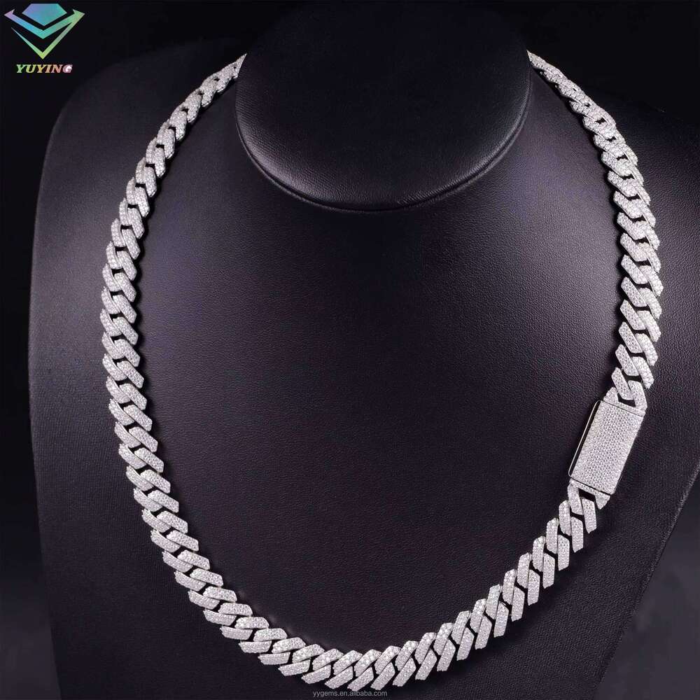 New Style Fine Design 100% Pass Tester 12Mm 2Rows VVS Moissanite Dia Sterling Sier Cuban Link Chain For Hip Hop Necklace