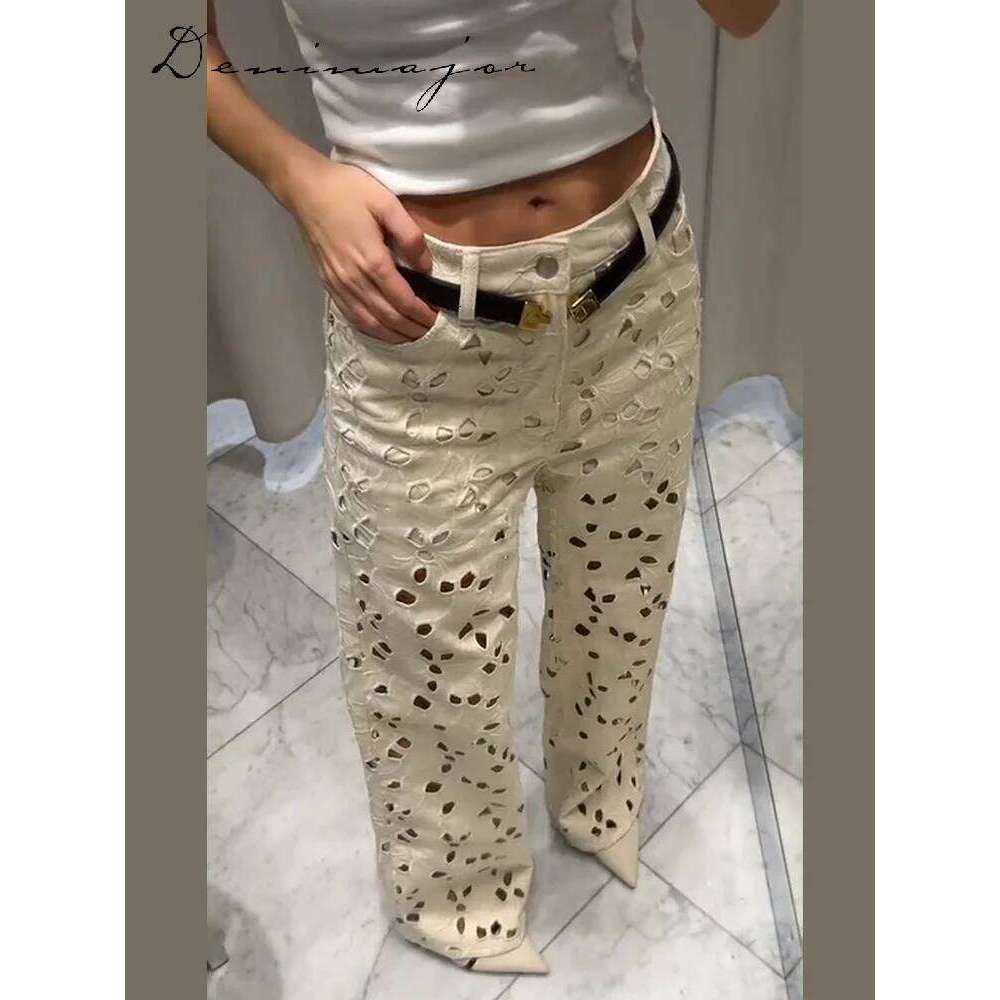 hoodie Wear Sexy Hollow Out Jean Women White Flower Baggy Hole Zipper Pocket Straight Long Pants Female Summer Elegant Lady Streetwears jacket