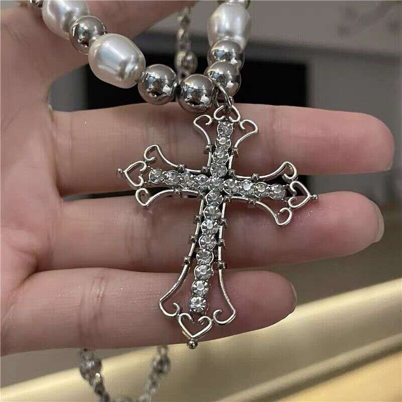 DHCollections Punk Pearl Choker Necklace - Gothic Cross Pendant Chain for Men & Women | Hip Hop Retro Jewelry (38cm+10cm Extender)