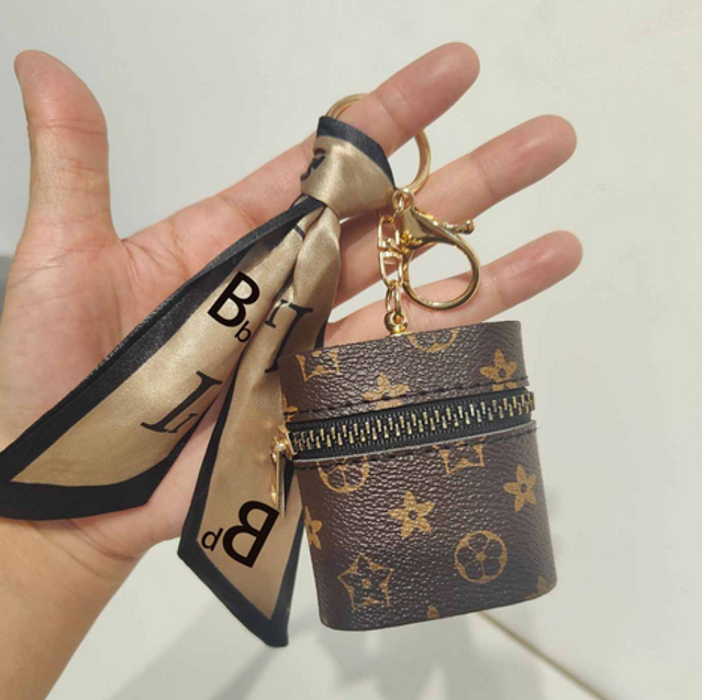 Portable Earphone Case Keychains Rings, Fashion Design Brown Flower Earbud Holder, Gold Metal Wireless Headphone Storage Bag