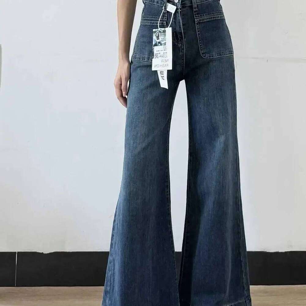 hoodie Wear Women's Autumn New Fashion Retro Micro-Flared Jeans, Solid Color High-Waisted Straight Wide Leg Pants, Loose Floor-Length Jeans jacke