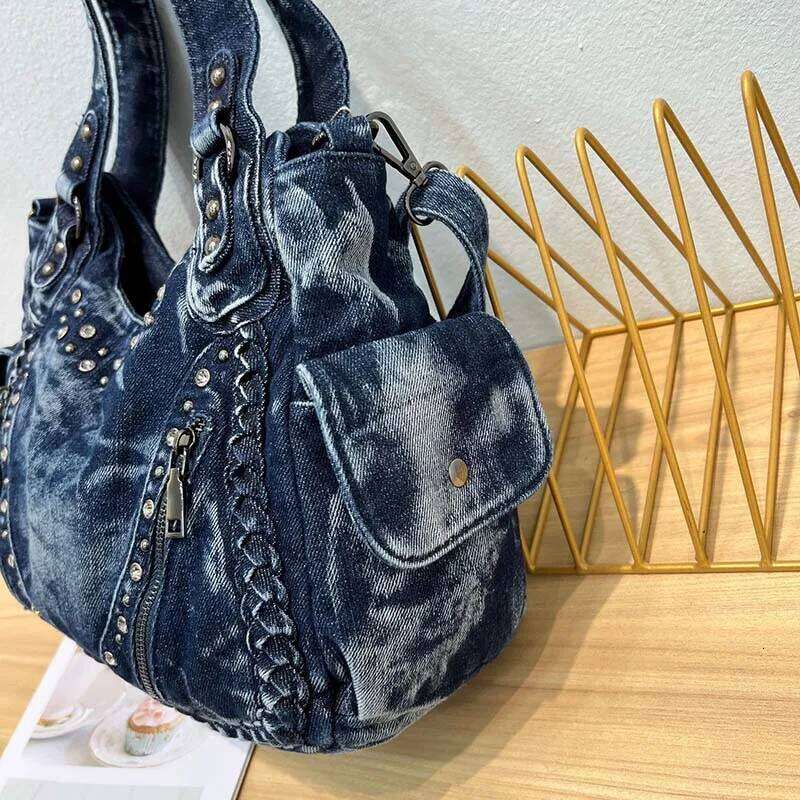 HIGHREAL High Quality Handbag Rivets Women Designer Shoulder Large-Capacity Wash Denim Girls Messenger Bag