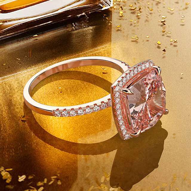 925 Sterling Silver Princess Halo Cubic Zirconia Simulated Morganite Ring Rose Gold Pink Morganite Engagement Rings