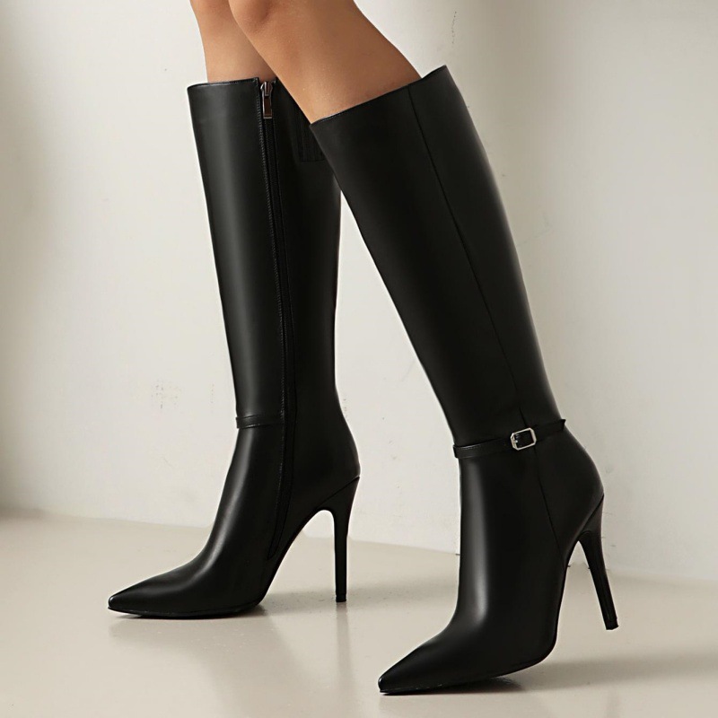 Women's Pointed Toe Stiletto Knee-High Boots - Biker-Inspired Buckle Detail, Side Zipper, Microfiber Leather Fashion Riding Boots