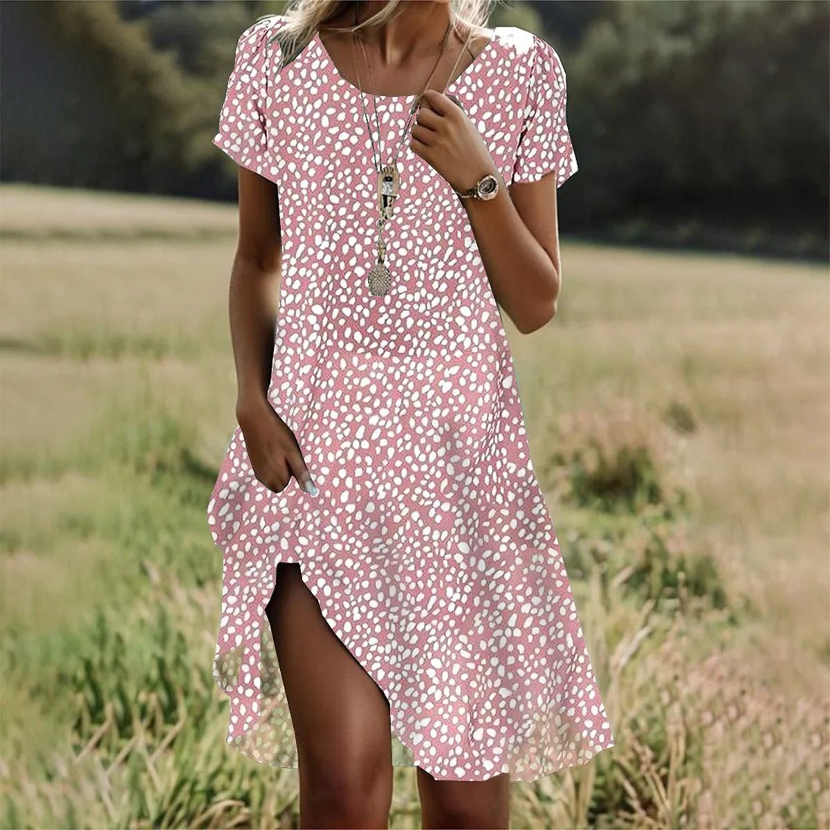 X71Summer hot sale literary folk style large round neck mid-length dress