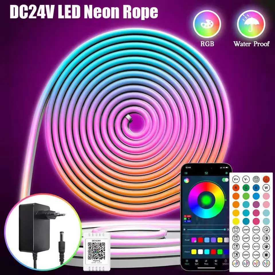 5M 10M 15M 30M RGB LED Neon Strip 24V Bluetooth App/Remote Control RGB Home Tape Outdoor Waterproof LED Bar 20 Meter Neon Rope W250701